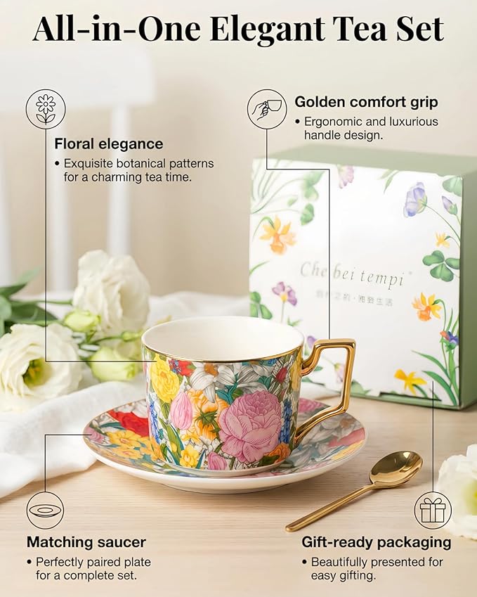 Exquisite Bone China Tea Cups and Saucer Set – Elegant Porcelain Tea Cups, Beautifully Detailed for Tea Lovers, Gift-Ready for Christmas, Hostess, Holiday Gift & Fall Decor
