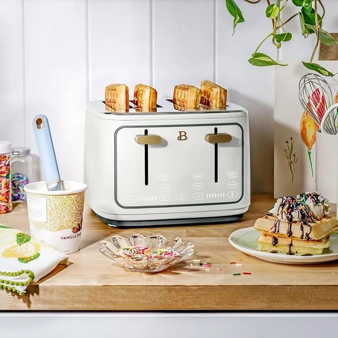 Beautiful 4 Slices Toaster - 7 Shade Settings, Touch Display, Extra-Wide Slots for Bagels, Gluten-Free & Frozen Presets, LED Countdown, Removable Crumb Tray, 1800-watt toasting (White Icing)