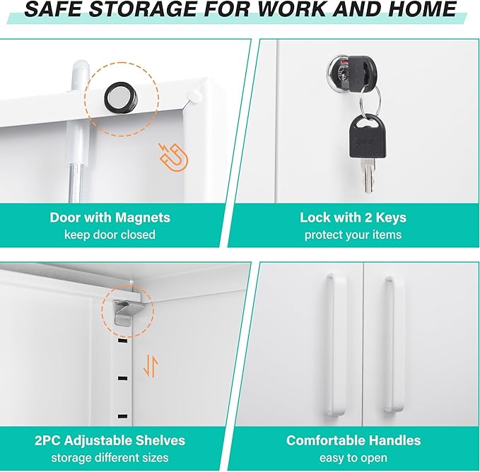 SISESOL 36 inch Storage Cabinet with Doors and Shelves,White Metal Storage Cabinet,Small Locking Metal Cabinets,Short Steel Counter Cabinets with Lock for Garage Home Office Pantry