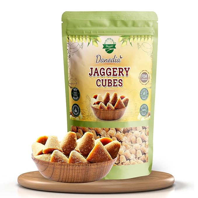 Danodia Foods Organic Jaggery Cubes 1 lb (450g), Pure & Natural, No Additives Sweetener, Vegan & Gluten-Free, Nutrient-Rich Alternative to Refined Sugar for Tea & Coffee, Indian Origin
