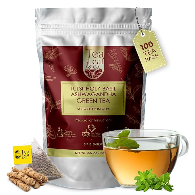 Tealeaf & Co. Tulsi Holy Basil Ashwagandha Green Tea with Tulsi, Ashwagandha, Lemongrass, Lemon Peel & Black Pepper - Green Tea Bags (Fresh Herbs and Spices) - 100 Teabags