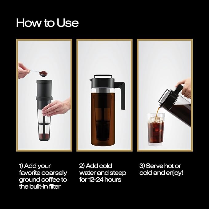 Takeya Glass Cold Brew Coffee Maker for Iced Coffee, Airtight Pitcher, Premium Quality, 2 Quart, Black Lid and Handle