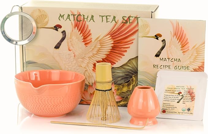 Matcha Whisk Set, Ceramic Bowl with Spout, Bamboo Whisk, Ceremonial Matcha Powder, Recipe Guide, Sifter, Holder, Scoop, Matcha Kit for Tea Lovers, Gift Box (Salmon Pink)