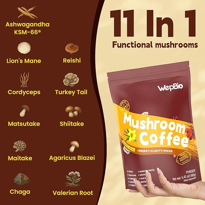 Mushroom Coffee 11 in 1 Adaptogenic Mushroom Blend with Ashwagandha KSM-66,Lions Mane,Reishi,Turkey Tail Vanilla Instant Mushrooms Coffee for Boost Energy,Focus,Sugar-Free,30 Servings