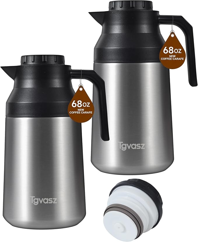 2 PCS Thermal Coffee Carafe Insulated Stainless Steel Coffee Carafe for Hot Liquid Vacuum Thermal Pot Creamer Pitcher Dispenser Keeping Hot Water Milk(Silver/Silver 68 oz)