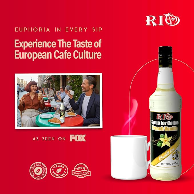 RIO French Vanilla Coffee Syrup, Perfect for Hot or Iced Drinks & Desserts, Smooth & Creamy Flavor Sweetened with Pure Cane Sugar, Barista-Grade Flavor Syrups for Coffee Drinks at Home & Work - 700ml