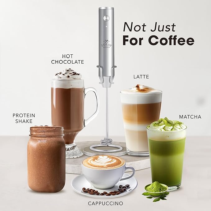Zulay Kitchen Lux Electric Milk Frother Rechargeable Handheld - 4 Whisks, Powerful 2-Speed Motor, Waterproof, 2000mAh Battery - Drink Mixer for Latte, Cappuccino, Matcha & Protein Powder - Silver