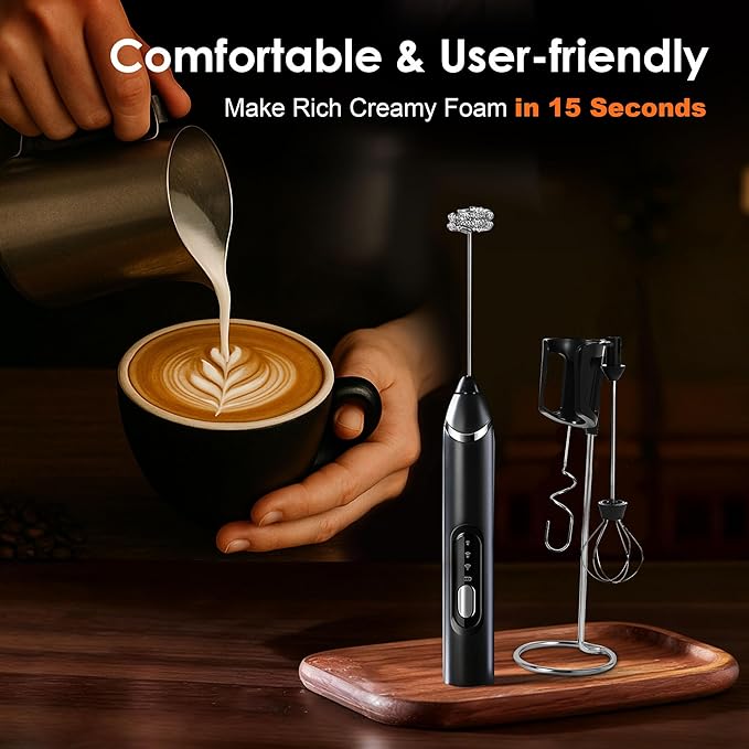Milk Frother Handheld with Stand,Rechargeable Coffee Frother Wand with 3 Detachable Stainless Steel Whisk Heads, Hand Electric Mixer for Latte, Cappuccino,Matcha,Protein（Black）