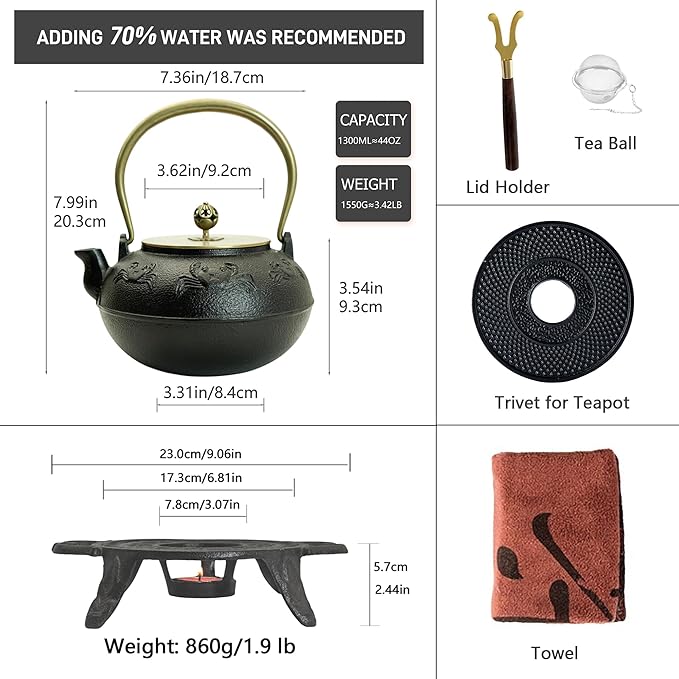 44oz Cast Iron Teapot Set with Tea Light Warmer, Durable Japanese Tetsubin Teapot for Stovetop, Asian Tea Kettle for Adults, Elegant Durable Tea Gift Set (1300ml)