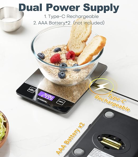 Atogou Food Scale, 33lb Rechargeable Kitchen Scale with Full-View Backlit LCD Display, Waterproof Stainless Steel Surface, Type-C Charging, Grams and Ounces for Baking, Cooking, Food Grey