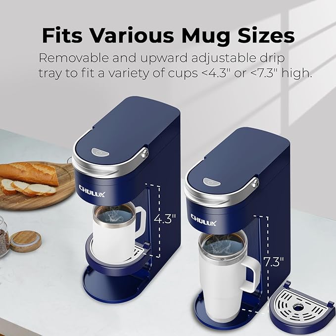 CHULUX Slim Single Serve Coffee Maker for K Pods, One Cup Coffee Maker Fits 7.3" Travel Mugs, Coffee Machine with 6 to 12oz Brew Sizes, Navy Blue