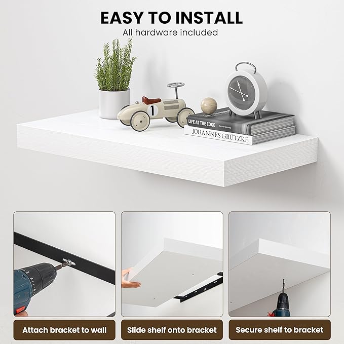 Dreamland 24" Floating Shelves for Wall, 12" Deep Thicker White Floating Shelves, Wall-Mounted Shelves for Bedroom, Living Room, Kitchen, Bathroom - Set of 2