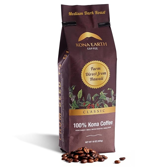KONA EARTH - 100% Kona Coffee, Classic Medium Dark Roast, Whole Bean, 1 lb (16oz) Farm-Direct Authentic Hawaiian Kona Coffee beans from Hawaii’s Big Island, Small-Batch Roasted