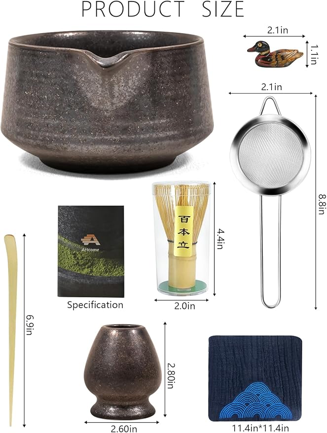 Artcome Matcha Tool Set - Complete Kit with Matcha Bowl with Spout, Bamboo Whisk, Tea Scoop, Whisk Holder, Scoop Holder, Tea Cloth & Powder Strainer, Antique Finish