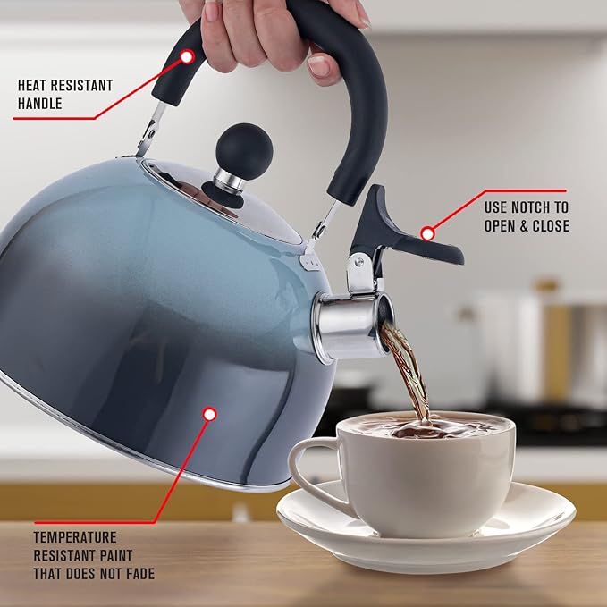 Emeril Lagasse 2.6 Quart/2.5 Liter Whistling Tea Kettle, Stainless Steel Tea Pot for Induction Stove Top, Fast to Boil Water for Home Kitchen Condo, with Ergonomic Cool Folding Grip Handle, Black Comb