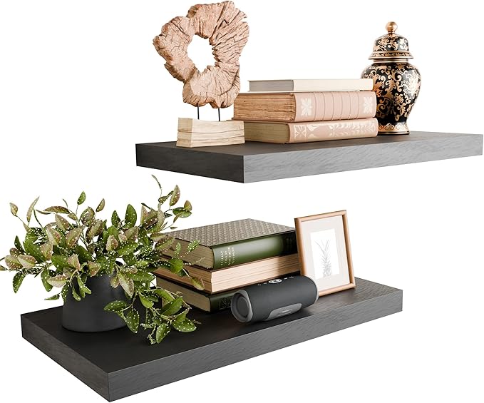 Black 24 Inch Rustic Floating Shelves Set of 2, Wooden Deep Floating Shelves for Wall, Bathroom Over Toilet, Live Edge Display Shelf with Invisible Brackets for Home Decor
