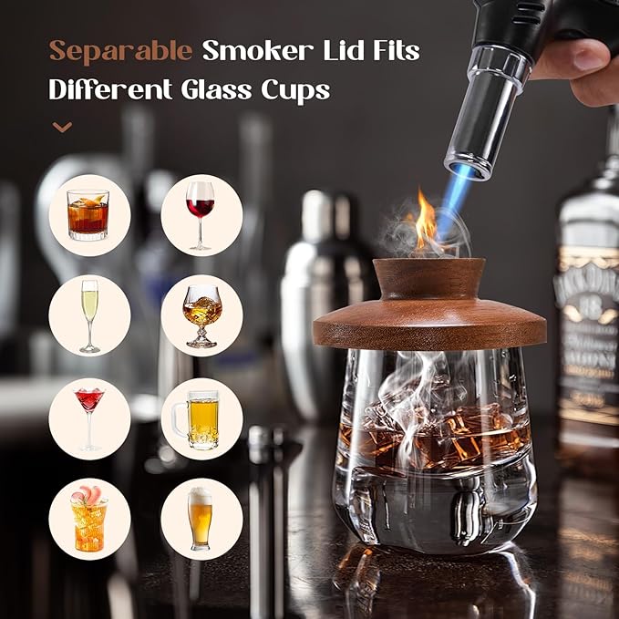 Cocktail Smoker Kit with Wooden Base and Glass Dome, Perfect for Infusing Smoky Flavors into Old Fashioned Cocktails, Whiskey, and Foods with Included Wood Chips
