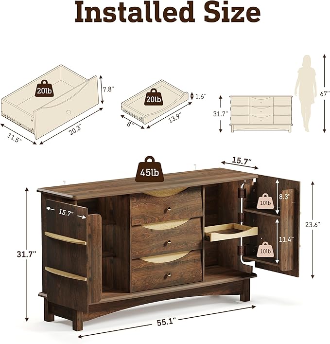 Buffet Cabinet, Large Sideboard Buffet Storage Cabinet with 3 Drawers, Coffee Bar Station with Solid Wood Handle and 2 Doors，Concealed Storage Shelves & Sliding Tray for Kitchen, Dining Room