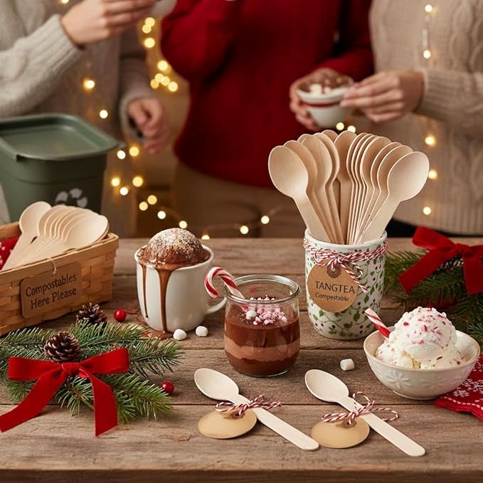 200PCS Wooden Spoons for Eating - 6.3" Bamboo Spoon Bulk, Compostable Spoons for Coffee & Hot chocolate, Biodegradable Disposable Spoon for Weddings, Parties, Catering and Craft Projects