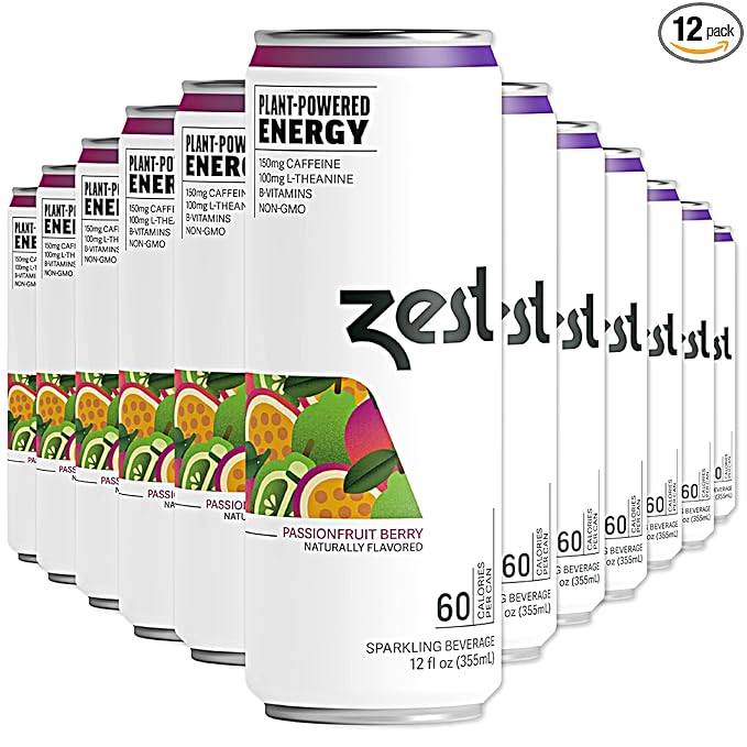 Zest Clean Energy Drink – Passionfruit Berry – 150mg Caffeine + 100mg L-Theanine – Natural Focus & Concentration Boost – Healthy Energy Drink 12oz Can 12 Pack – Low Sugar, No Artificial Sweeteners
