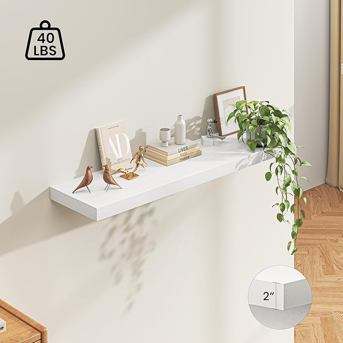 Dreamland 55" Floating Shelves for Wall, 12" Deep Thicker White Floating Shelves, Wall-Mounted Shelves for Bedroom, Living Room, Kitchen, Bathroom - Set of 1