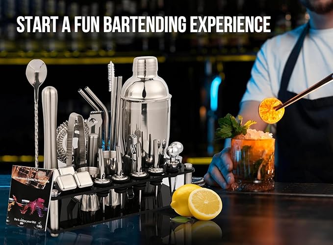 26-Piece Bartender Kit with Acrylic Stand – Premium Cocktail Shaker Set with Mixology Tools & Accessories – Professional Bar Set for Home & Party Drink Making