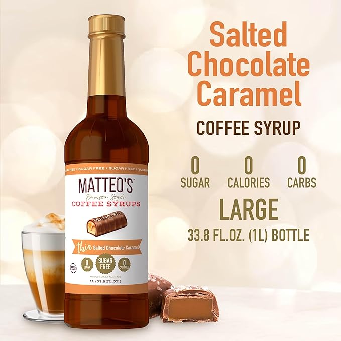 Matteo's Salted Chocolate Caramel Syrup for Coffee, Lattes, Cappuccinos & Desserts – Sugar-Free Sweetener for Beverages, Keto Friendly, Zero Calories, Indulgent Flavor, Non-Alcoholic, 33.8oz (6pk)