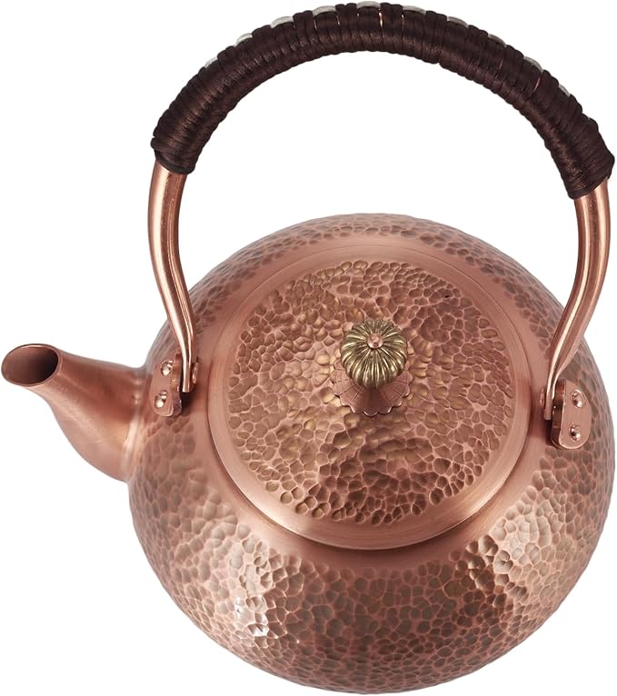 Handmade Copper Tea Kettle for Stove Top, Hammered Solid Pure Copper Teapot Made for Gasstove, 1200ml (Type-E)