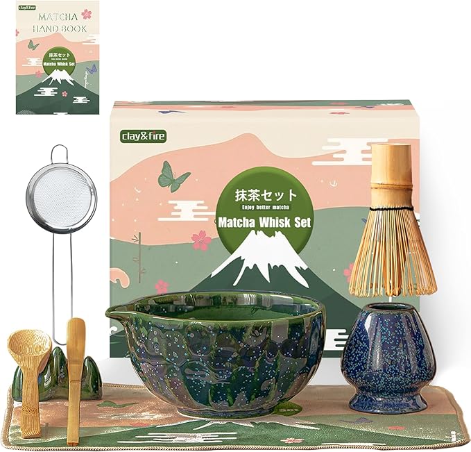 Clay&Fire Matcha Whisk Set，9 Pcs Ceramic Matcha Set, 15 OZ Matcha Bowl with Spout and Whisk for Friend, Ideal Gift for Matcha Lover（Starry）