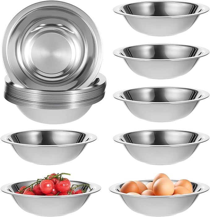 20 Pcs Small Stainless Steel Bowls, 6.4 Inch Wide Metal Mixing Bowl with Flat Base, 3/4 Quart Nesting Prep Salad Bowls Bulk for Kitchen Cooking Baking Serving