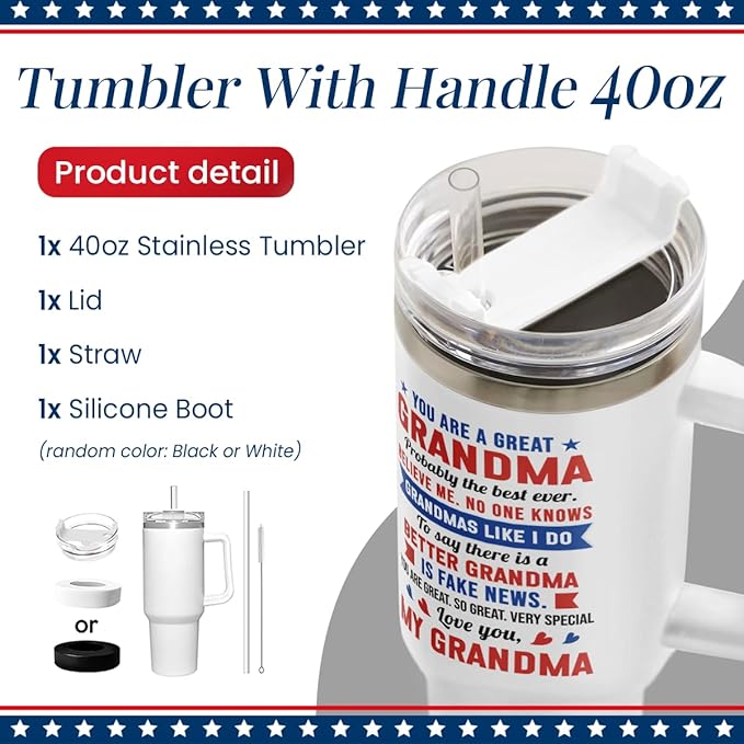 wowcugi Best Grandma Ever Tumbler with Handle 40oz, Trump Grandma Gifts for Birthday Christmas Mothers Day, Nana Gift for Grandmother Mimi Grandmom from Granddaughter Grandson