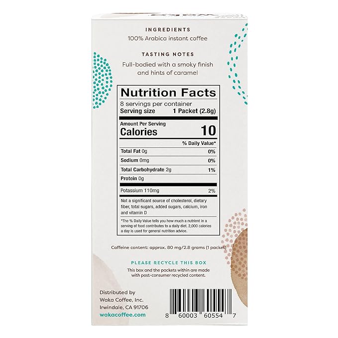Waka Premium Instant Coffee Sachets — 100% Arabica Freeze Dried Beans — For Hot or Iced Coffee (8 Count, Dark Roast)