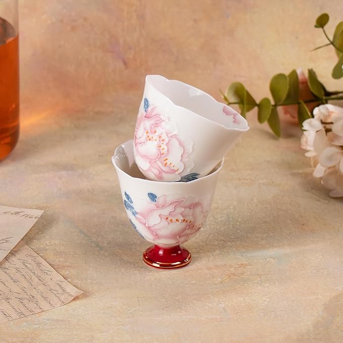 KAMMAK Tea Cup Set of 2 Small Tea Cups 2.8oz Floral Porcelain Tea Cup Set, Asian Ceramic Teacups for Home, Party, Office, Chinese Kung Fu Tea Set for Hot/Cold Drink