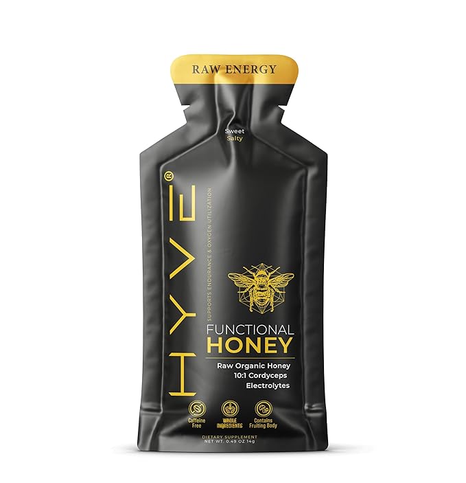 HYVE Functional Pre-workout Honey – Caffeine Free Raw Energy Packets with Organic Cordyceps Mushrooms, Volcanic Sea Salt & Organic Honey – Energy Boost with Natural Adaptogens, Pack of 15 Sachets, Sweet & Salty