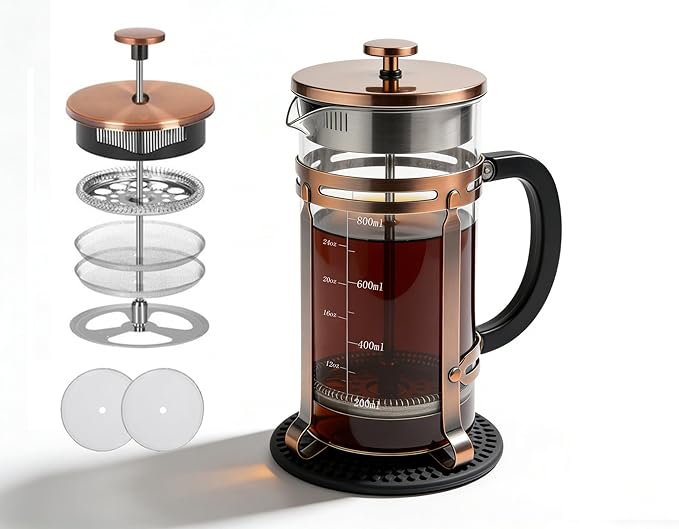 Coffee Maker Steel French Press with 4 Filter, Heat Resistant Durable, Borosilicate Glass Coffee Press, 100% BPA Teapot, 21 ounce, copper