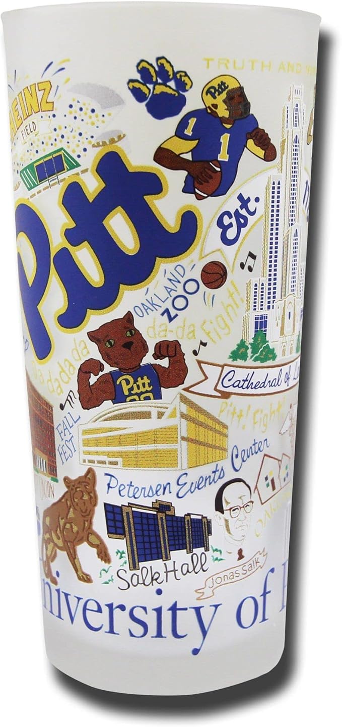Catstudio Drinking Glass, University of Pittsburgh Glass Cup for Kitchen, 15oz Dishwasher Safe Tumbler for Pitt Alumni