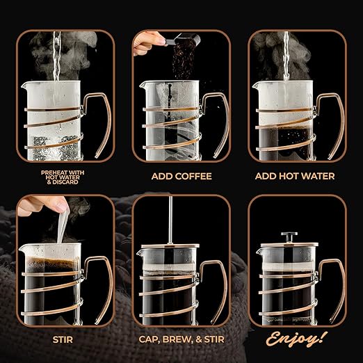 OVENTE French Press Coffee Maker 34 Ounce with Heat Resistant Borosilicate Glass, Stainless Steel Design and 4-Level Filter System, Portable Cold Brewer Pot for Travel, Camping or Gift, Copper FSW34C
