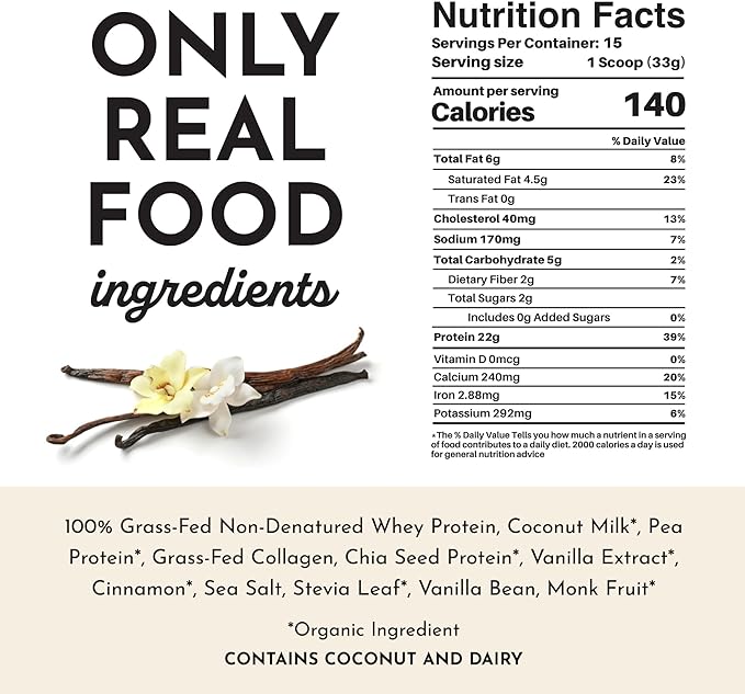 JUST INGREDIENTS Vanilla Protein Powder - Grass-Fed Whey Blend, Organic, Gluten Free - 15 Servings, 22g Protein