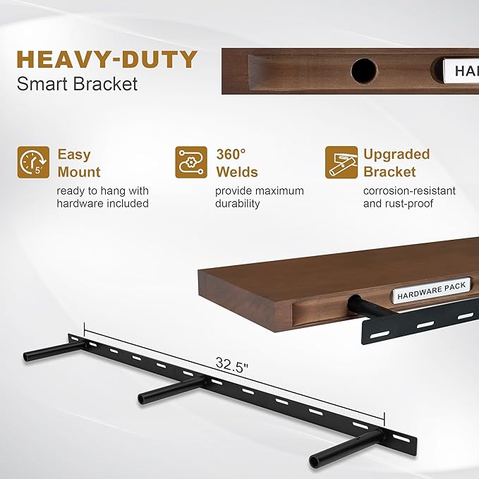 Fun Memories Floating Shelves, 9.3 Inch Deep Solid Pine Wood Wall Shelves for Storage, Rustic Wall Mounted Display Shelf with Invisible Heavy-Duty Metal Bracket, 55 Inch Width, Walnut