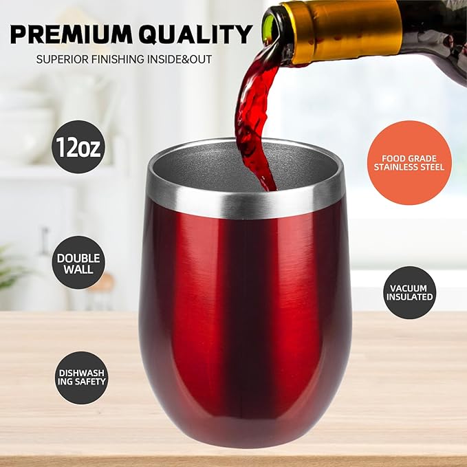StarSpeed 12oz/12 Pack Wine Tumbler with lid, Stainless Steel Travel Mugs Stemless Double Wall Insulated Coffee Cup, Insulated Wine Glasses Travel Tumbler for Cold & Hot Drinks(Transparent Red,12)