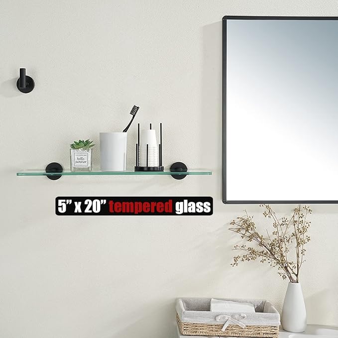 JQK Bathroom Glass Shelf Black, Tempered Glass Shower Storage 20 by 5 inches, 304 Stainless Steel Matte Black Wall Mount, 2 Pack, TGS101L20-PB-P2