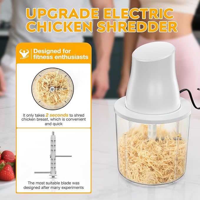 Electric Chicken Shredder Tool: 250W Multifunctional Press-to-Operate Meat Shredder Tool with Large Capacity - Meat Grinder for Chicken Breast, Meats, Fruits, Vegetables, Nuts (White)
