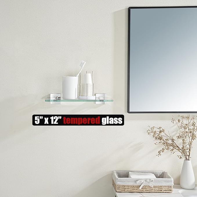 JQK Bathroom Glass Shelf Chrome, Tempered Glass Shower Storage 12 by 5 inches, 304 Stainless Steel Polished Chrome Wall Mount, TGS201L12-CH