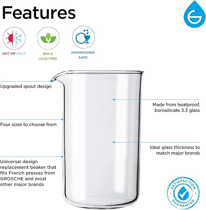 GROSCHE Borosilicate 3.3 Glass Universal Replacement Beaker for French Press Coffee and Tea Makers - Ideal Gift for Coffee Lovers and Tea Drinkers - Holiday Gift for Home Baristas - (34.oz - Medium)