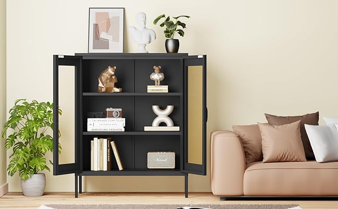 Black Metal Storage Cabinet,Metal Locker Storage Cabinet with 2 Mesh Doors and Adjustable Shelves,Kitchen Pantry Cabinets for Home,Sideboard,Living Room,Office(40" H)