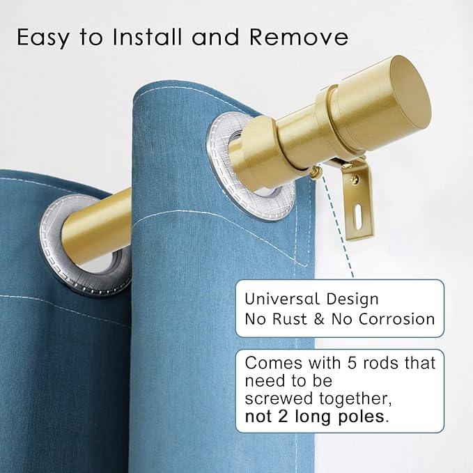Curtain Rods for Windows 16 to 88 Inches Adjustable Length 1 Inch Diameter Window Curtain Rod with Aluminium Finials, Flash Gold