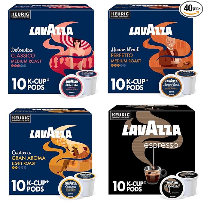 Lavazza K-Cup Coffee Pods Variety Pack, 10 Dolcevita Classico, 10 House Blend Perfetto, 10 Costiera Gran Aroma, 10 Espresso, Single Serve for Keurig, 40ct Total