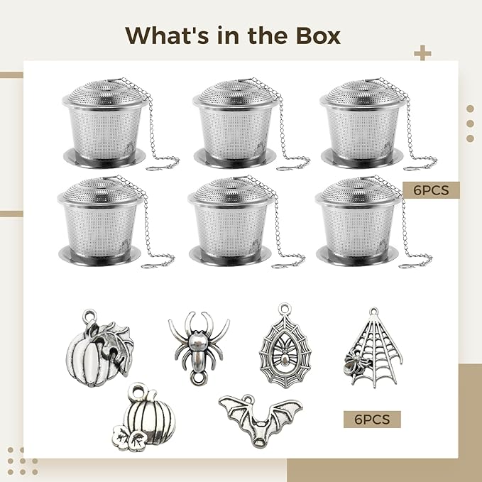 6 Pcs Stainless Steel Tea Infusers for Loose Leaf Tea, Fine Mesh Tea Strainers with Unique Spider, Pumpkin, Bat Designs, Includes Hanging Hooks for Easy Use, Ideal for Black, Green, and Herbal Teas