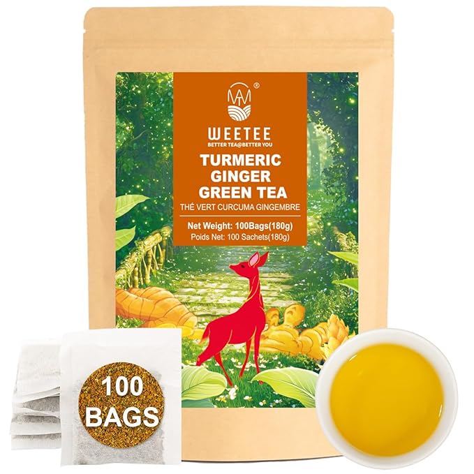 WT WEETEE Turmeric Ginger Green Tea Bags, 100 Count Made Turmeric, Ginger Root, Cinnamon and Honey Flavoring, Natural Caffeinated Spice Tea