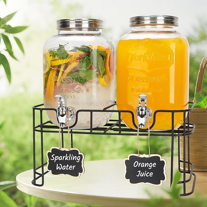Glass Drink Dispensers For Parties, 2 PACK 1 Gallon Beverage Dispenser With Stand And Spigot Leak proof. Lemonade Dispenser With Ice Cylinder and Chalk board
